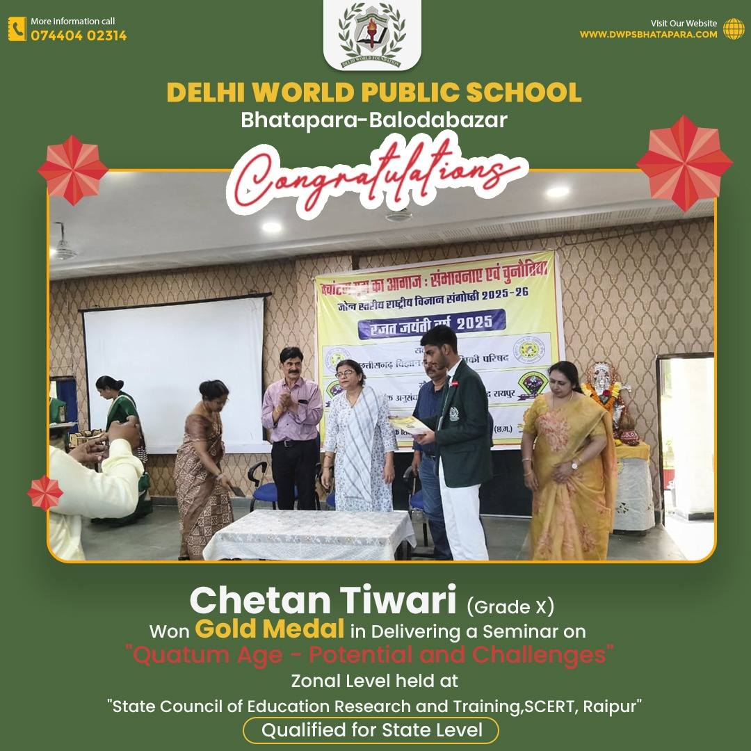 Chetan Tiwari (Grade X) receives a Gold Medal for Environmental Awareness seminar presentation